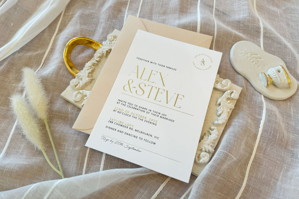 Luxury wedding invitation with matte or shiny gold foil and personalised black printing