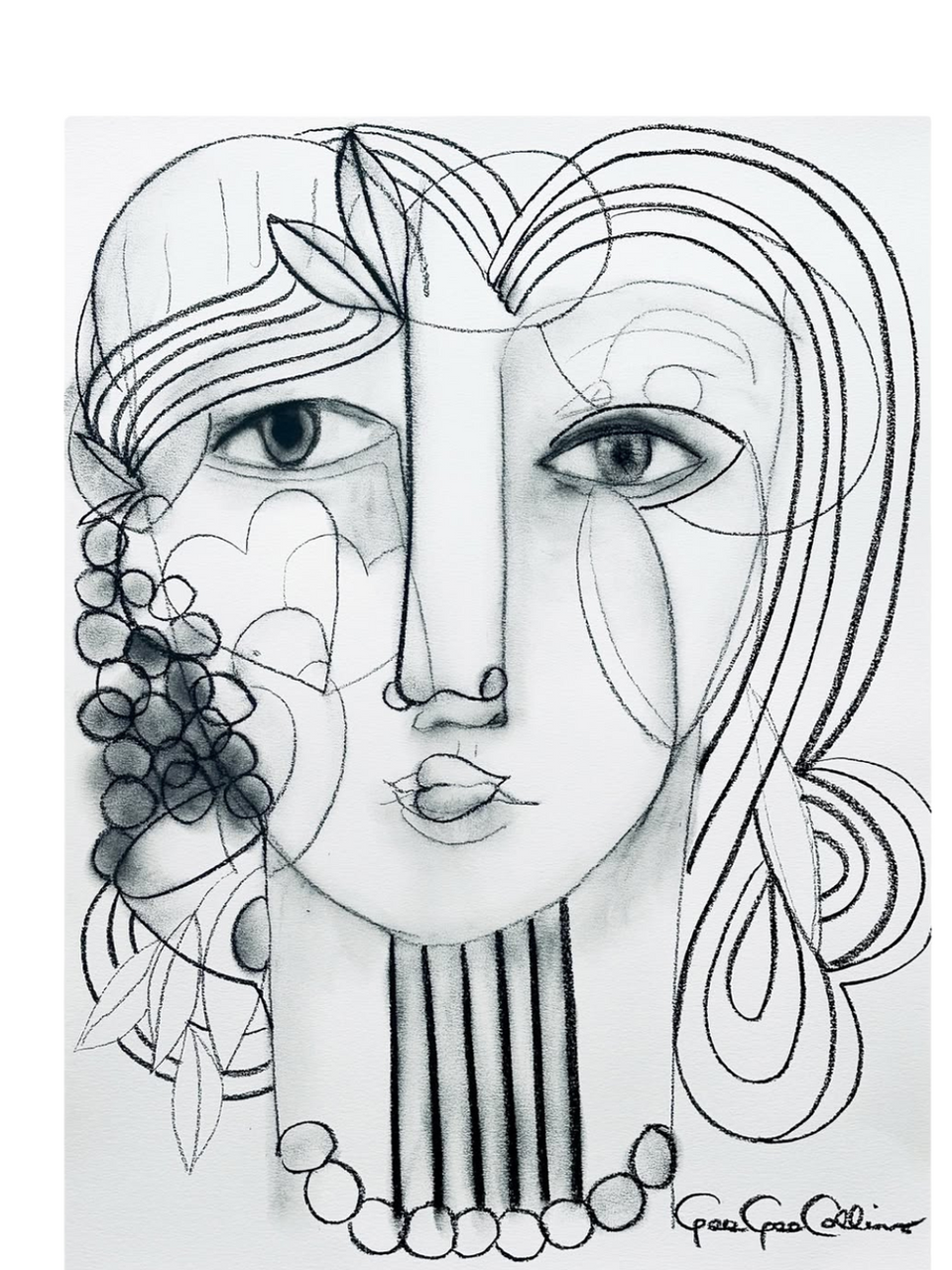 Monochromatic abstract drawing by Gee Gee Collins on heavyweight paper, 18x24 inches, featuring fluid black linework forming leaves, circular motifs, and vertical textures, with a row of dots at the bottom and a bold signature in the lower right corner