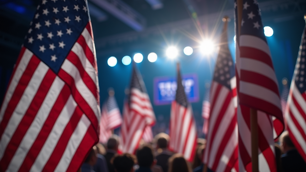 Close-up view of a campaign rally stage with American flags