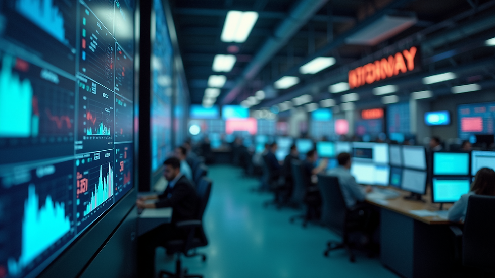 High angle view of a stock market trading floor with digital screens