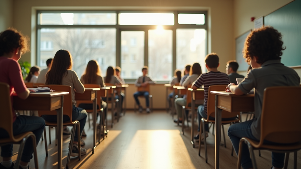 Eye-level view of a cozy classroom setting with students engaged in learning