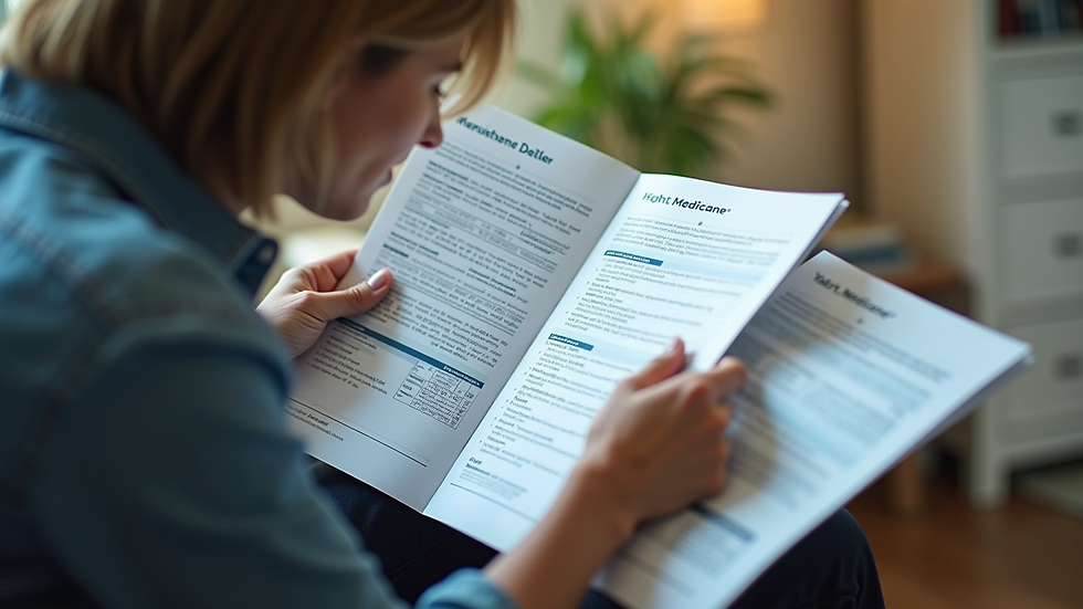 Close-up view of a person reviewing Medicare plan brochures