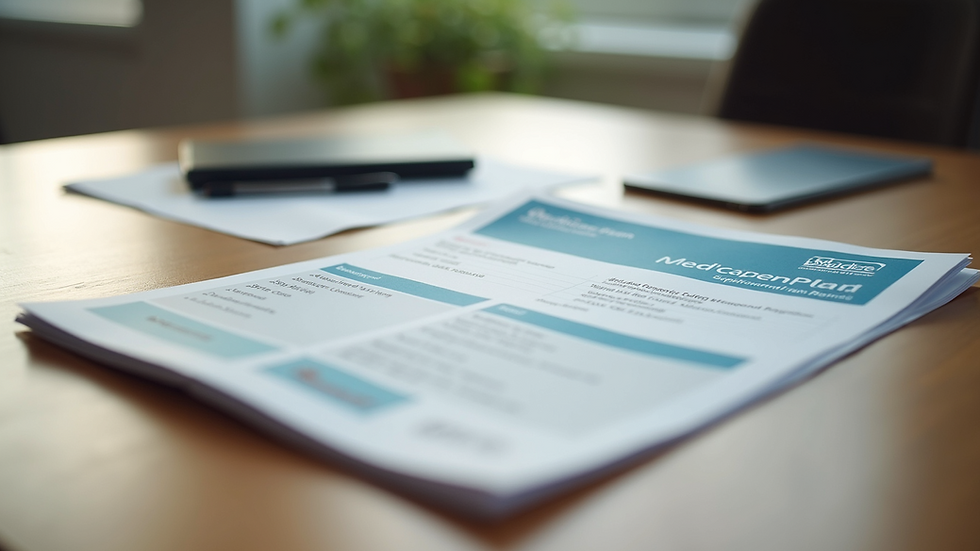 Eye-level view of a Medicare supplement plan brochure on a wooden table
