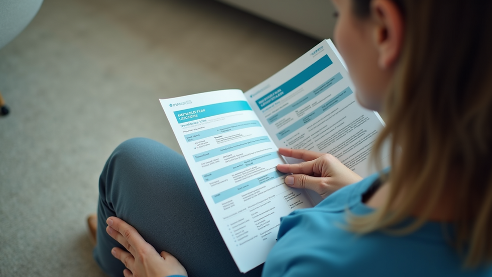 High angle view of a person reviewing Medicare plan brochures