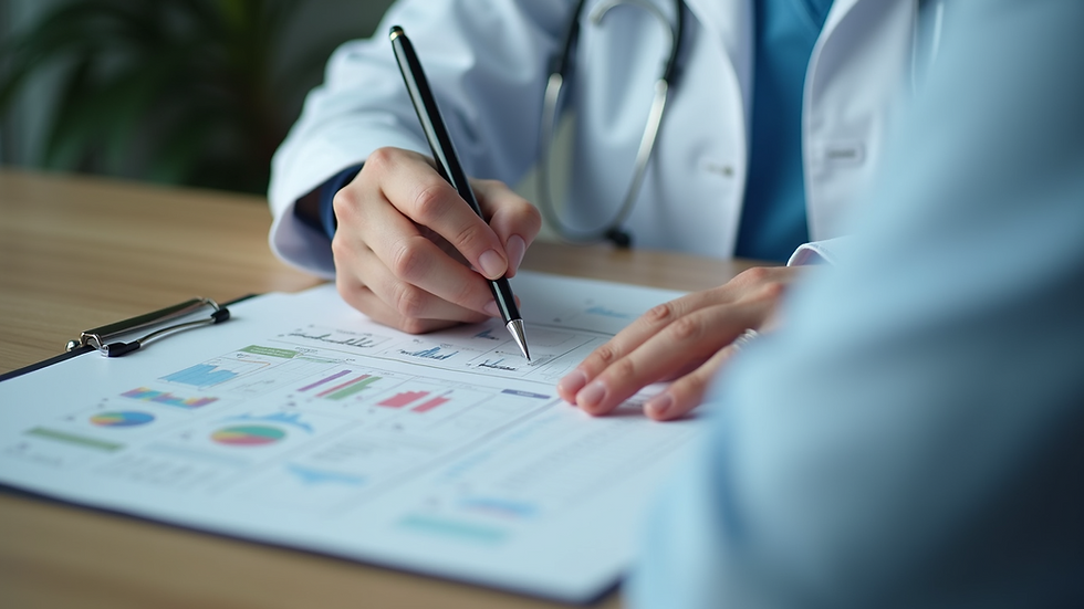 Close-up view of a medical care coordinator reviewing a patient’s health plan