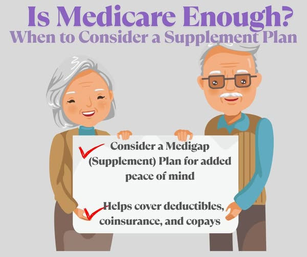 An illustration with the title “Is Medicare Enough? When to Consider a Supplement Plan” shows a smiling senior couple holding a sign. The sign lists two points with red checkmarks: “Consider a Medigap (Supplement) Plan for added peace of mind” and “Helps cover deductibles, coinsurance, and copays.” The design emphasizes the benefits of Medigap plans for those on Medicare.