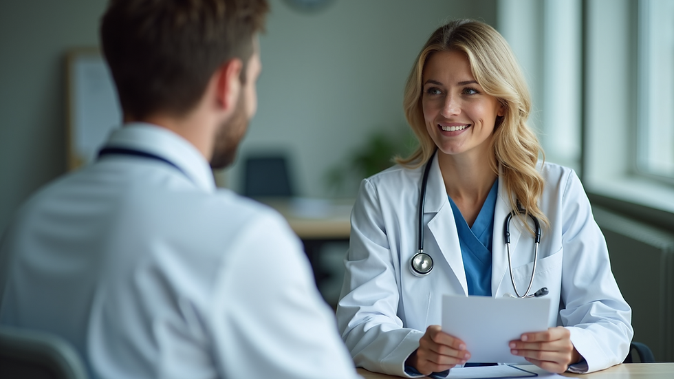 Eye-level view of a healthcare professional explaining insurance options to a patient
