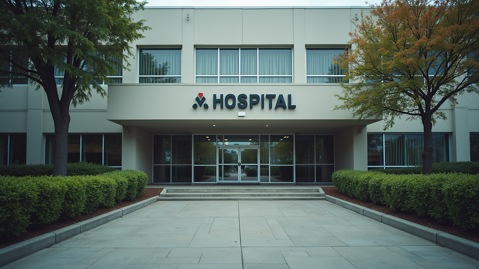 Eye-level view of a hospital building entrance with clear signage