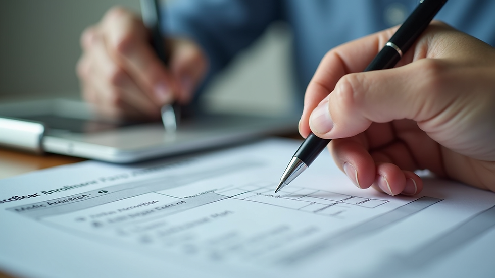 Close-up view of a person filling out Medicare enrollment forms