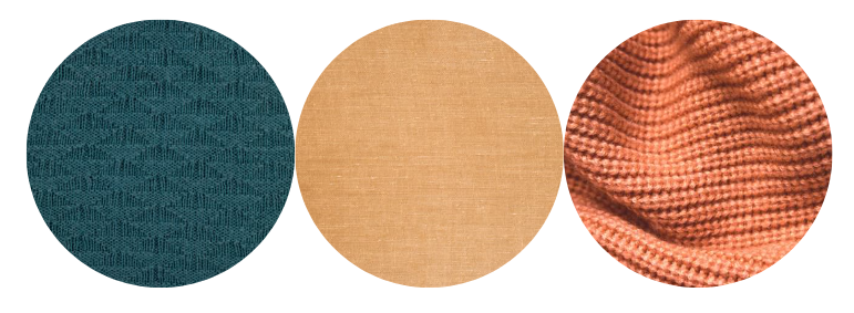 Three fabric textures: teal with a diamond pattern, beige solid, and orange with ribbing. Circular close-ups, no text, neutral mood.