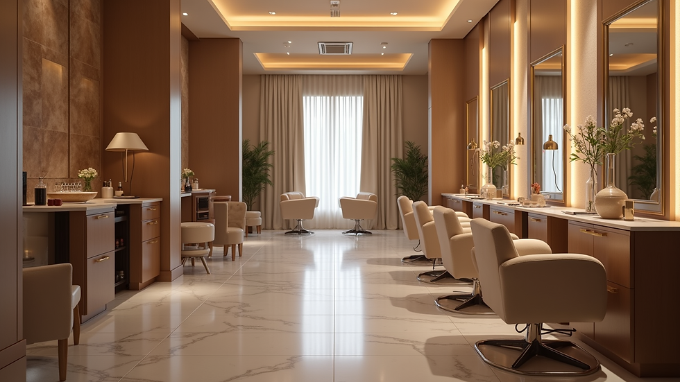 Eye-level view of a luxurious hair salon treatment area with plush chairs and elegant decor