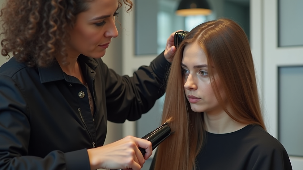 Close-up view of hair stylist applying straightening treatment in a modern salon