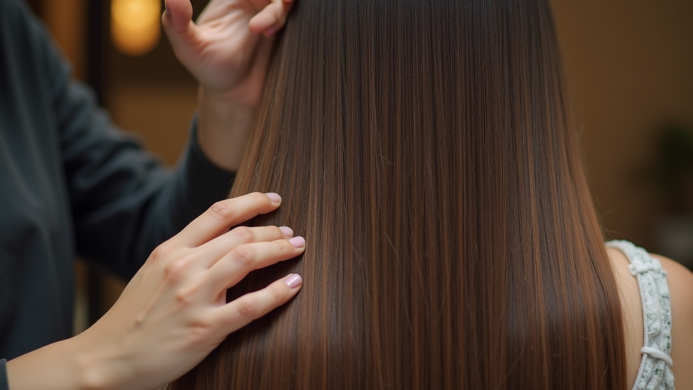 High angle view of sleek, straight hair after Japanese Straightening treatment at salon