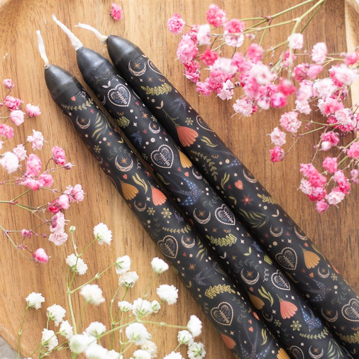 Set of 3 Black Midnight Bloom Print Taper Candles