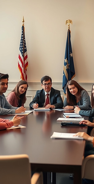 create a 400 x 400 px of college students learning government foundations sitting at a boa