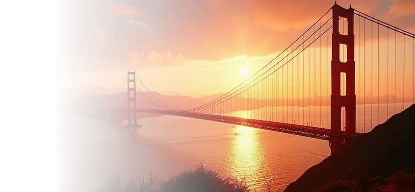 The Golden Gate Bridge during sunset.