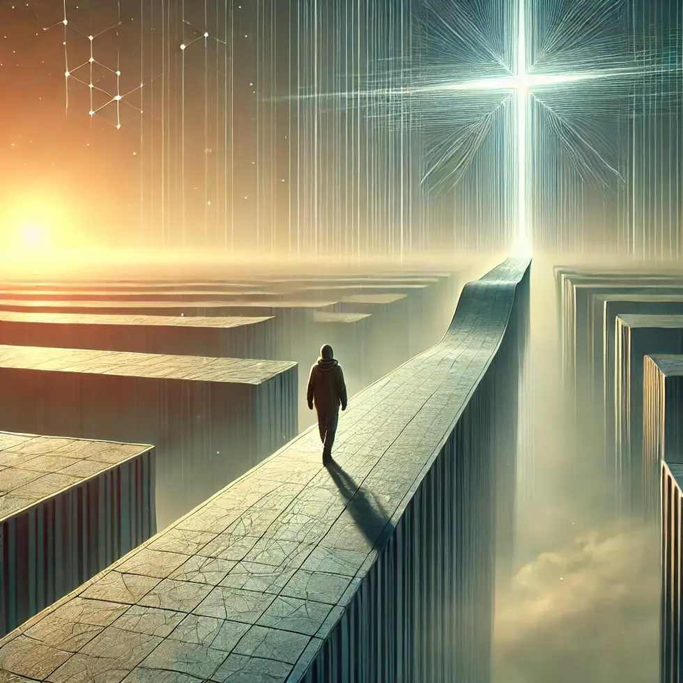 DALL·E 2024-09-27 17.00.44 - A person walking on a bridge that forms as they step, symbolizing a guided journey of faith and destiny