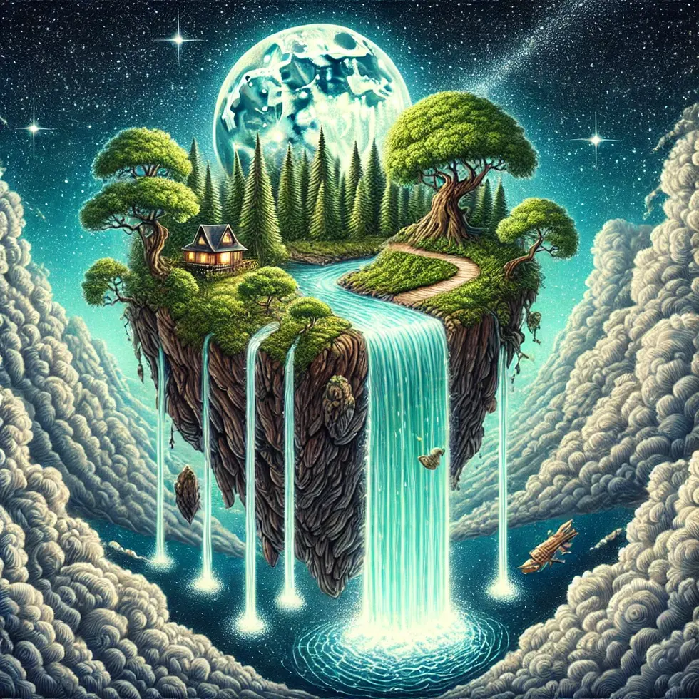 DALL·E 2024-09-27 22.12.33 - A surreal realism illustration featuring an island floating in the sky with a waterfall cascading off the edge into a cloud below. The island has a sm