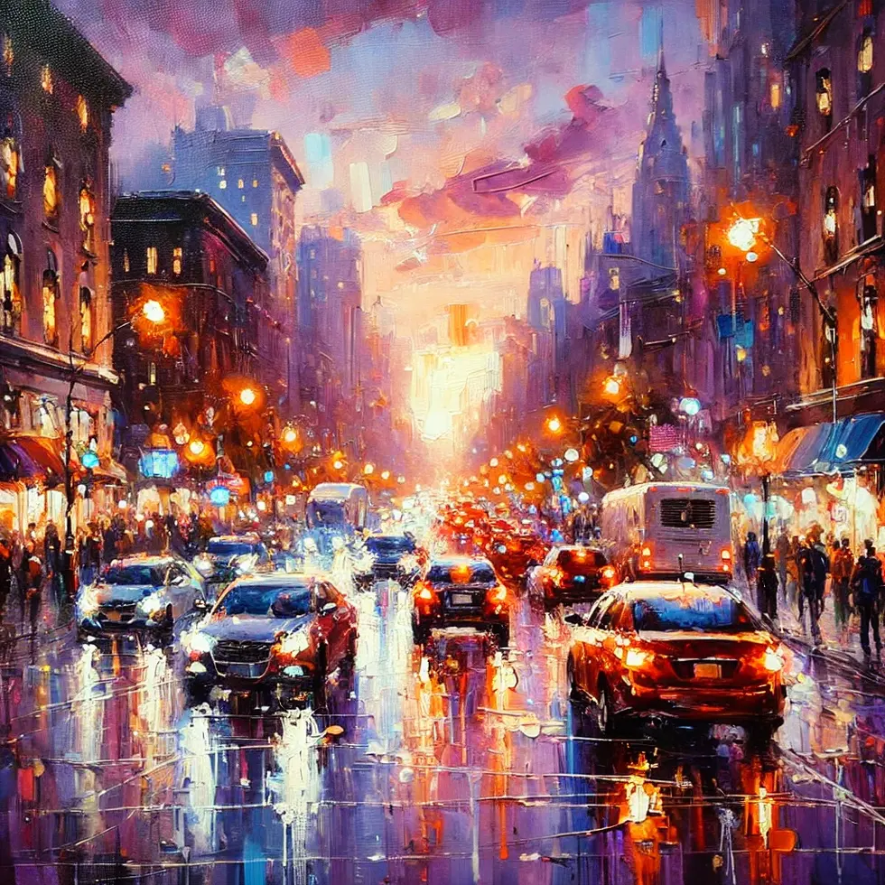DALL·E 2024-09-27 22.12.23 - An impressionistic painting of a bustling city street at dusk, with cars, people, and streetlights. The painting uses loose brushstrokes and a vibrant