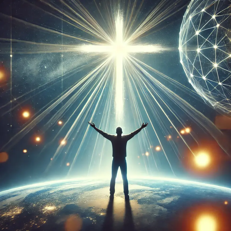 DALL·E 2024-09-27 18.13.46 - A person in a worship posture with light radiating from a cross, symbolizing glorification through faith and living out the image of Jesus