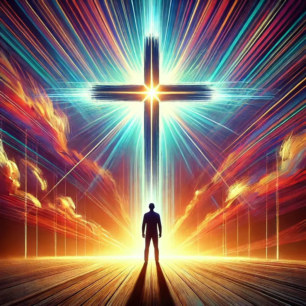 DALL·E 2024-09-27 18.11.31 - A person standing before the cross of Jesus with rays of light emanating from it, symbolizing justification through His sacrifice and resurrection, wi