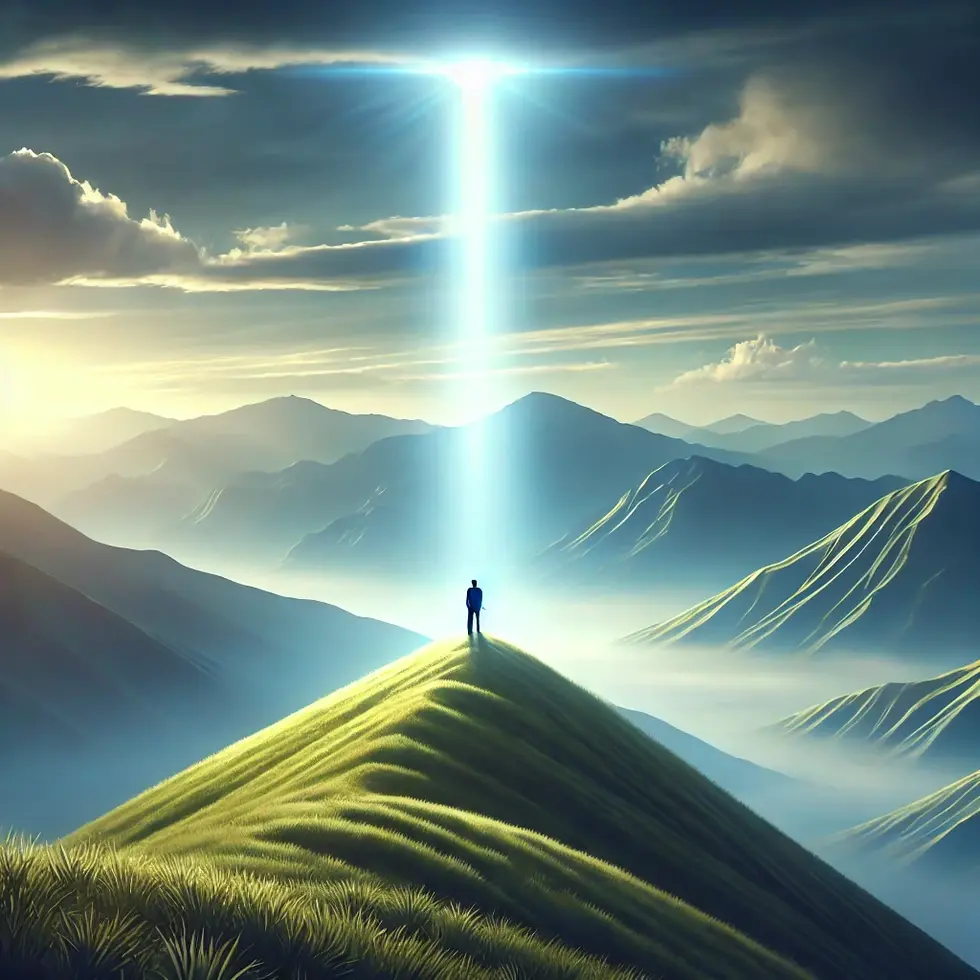 DALL·E 2024-09-27 18.12.41 - A person standing on a hill with a beam of light shining down, representing being chosen and called by God, with a majestic and serene landscape
