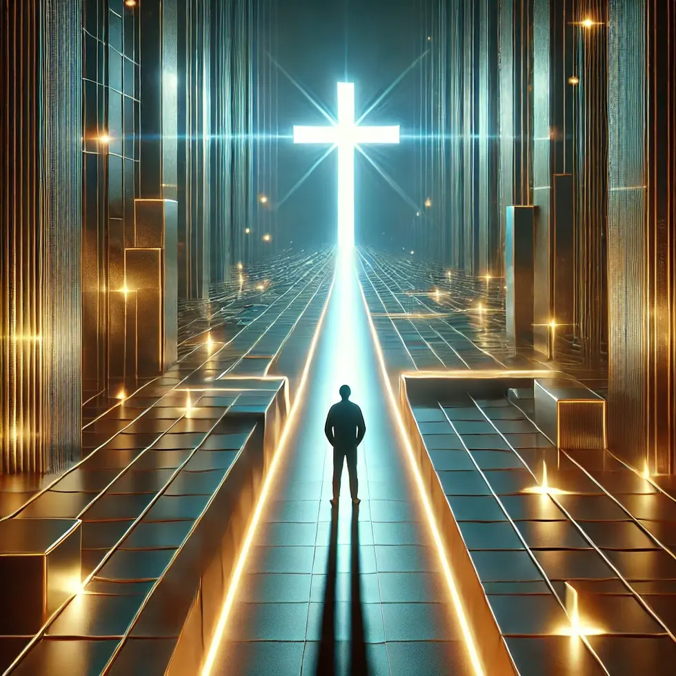 DALL·E 2024-09-27 18.14.22 - A person standing on a modern, illuminated path leading to a cross, symbolizing the journey of glorification with a cool and sophisticated design