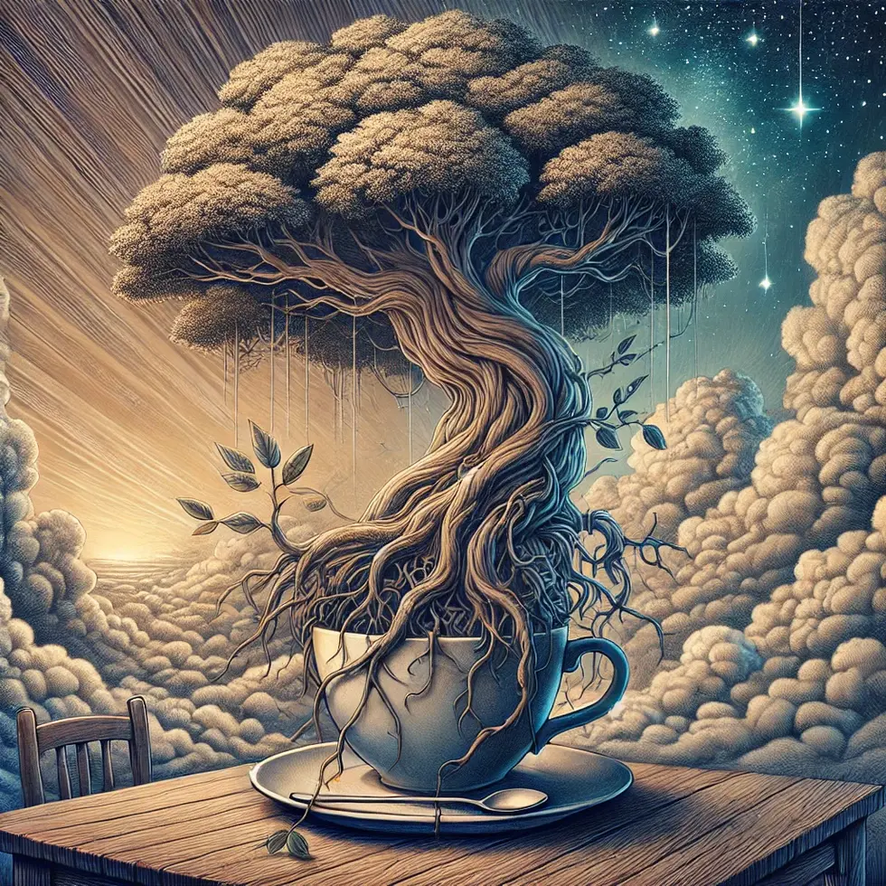 DALL·E 2024-09-27 22.12.25 - A surreal realism illustration depicting a massive tree growing out of a small teacup, with its roots spilling over the table and branches extending i