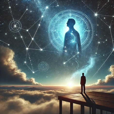DALL·E 2024-09-27 17.01.11 - A person gazing at a constellation forming their silhouette, symbolizing a destiny written in the stars and divine purpose