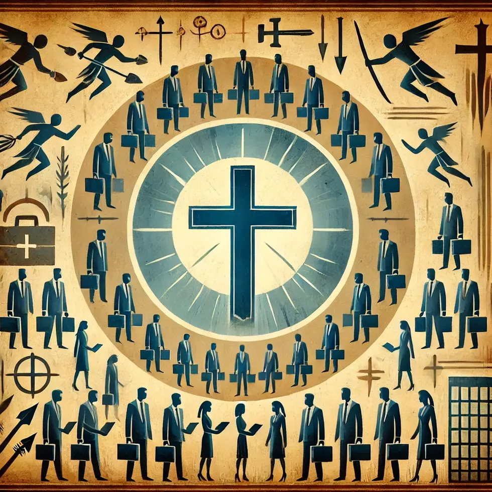 DALL·E 2024-09-27 22.30.19 - A symbolic representation of Christians in the business field_ 100 business people in individual circles of light, each with a cross behind them, hold