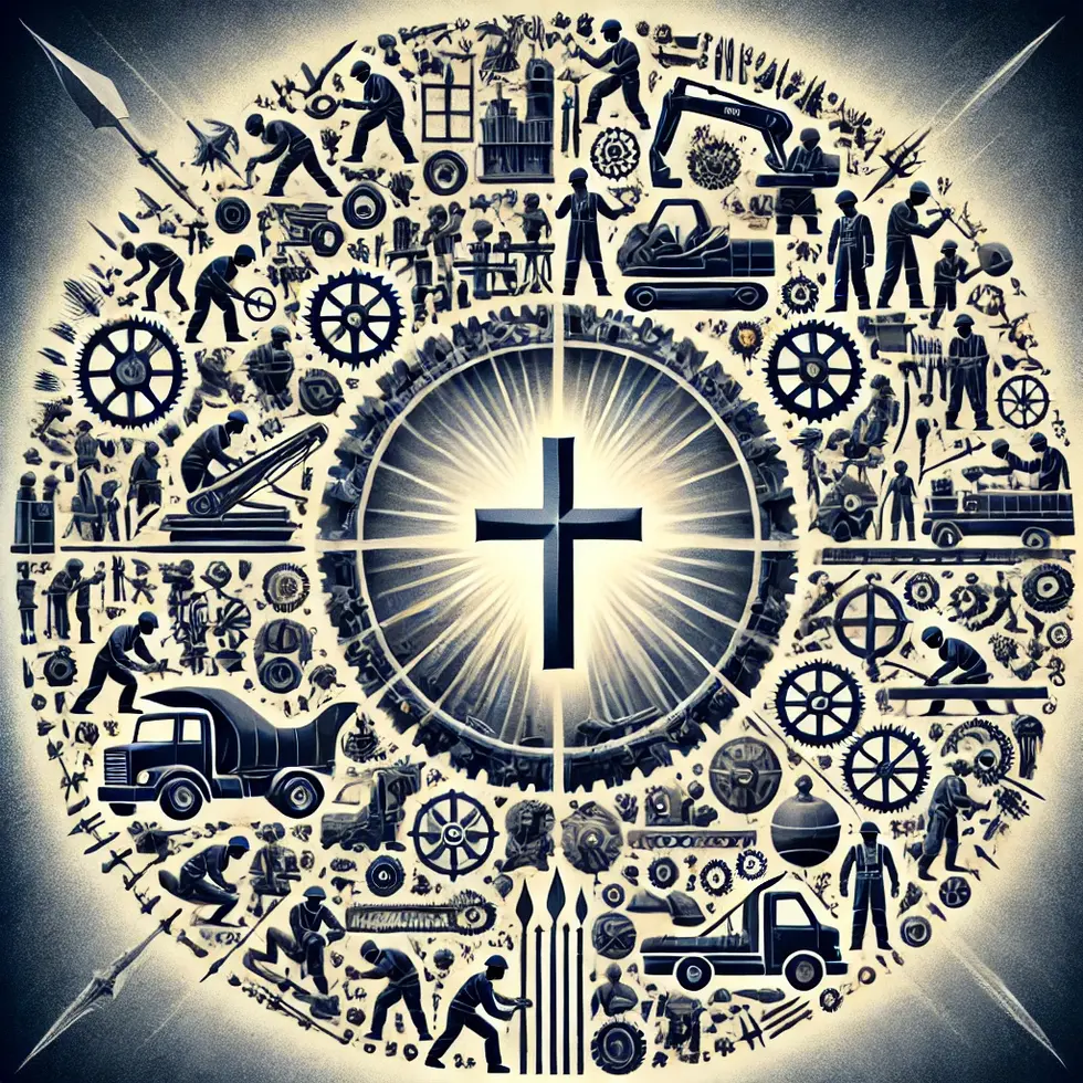 DALL·E 2024-09-27 22.30.35 - A symbolic representation of Christians in the construction field_ 100 construction workers in individual circles of light, each with a cross behind t