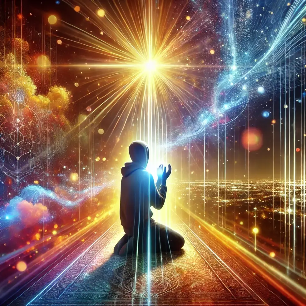 DALL·E 2024-09-27 18.12.52 - A person praying with light enveloping them, symbolizing a personal and direct calling from God, with vibrant colors and a divine atmosphere