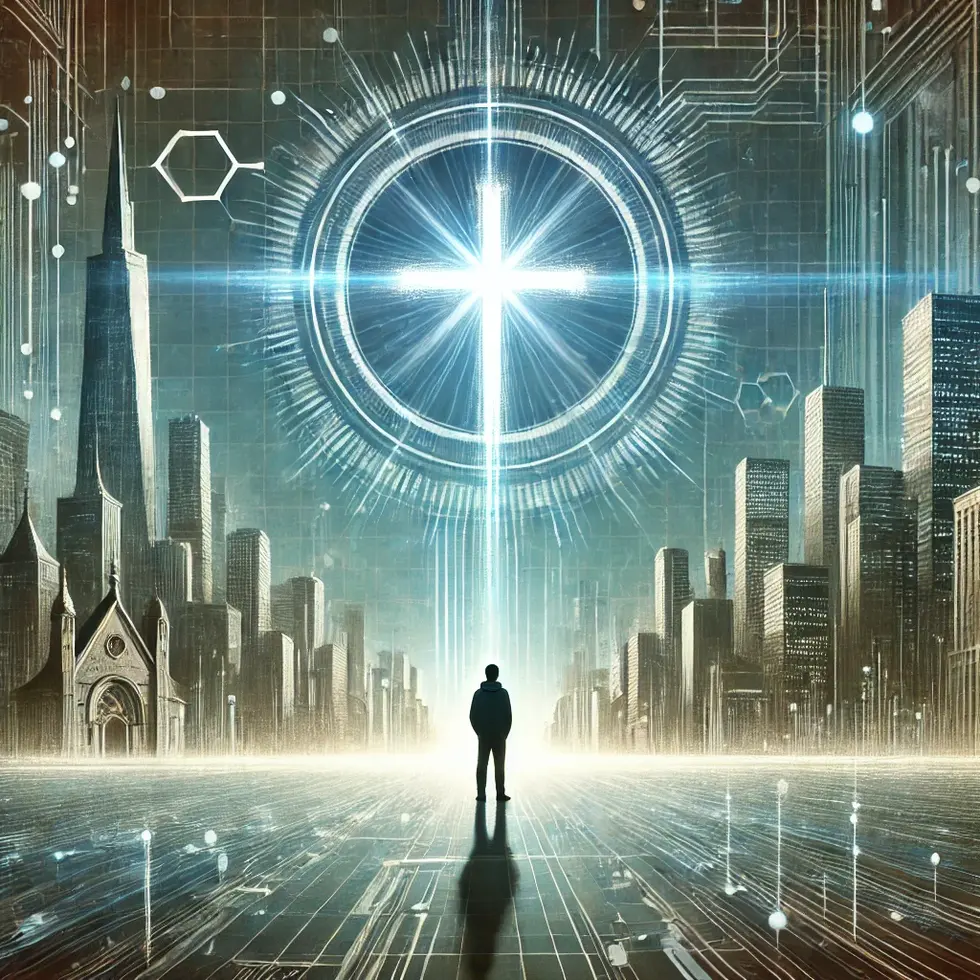 DALL·E 2024-09-27 18.14.29 - A person standing before a futuristic cityscape with a radiant cross, symbolizing living out Christ's character in the world, with a cool and sophisti