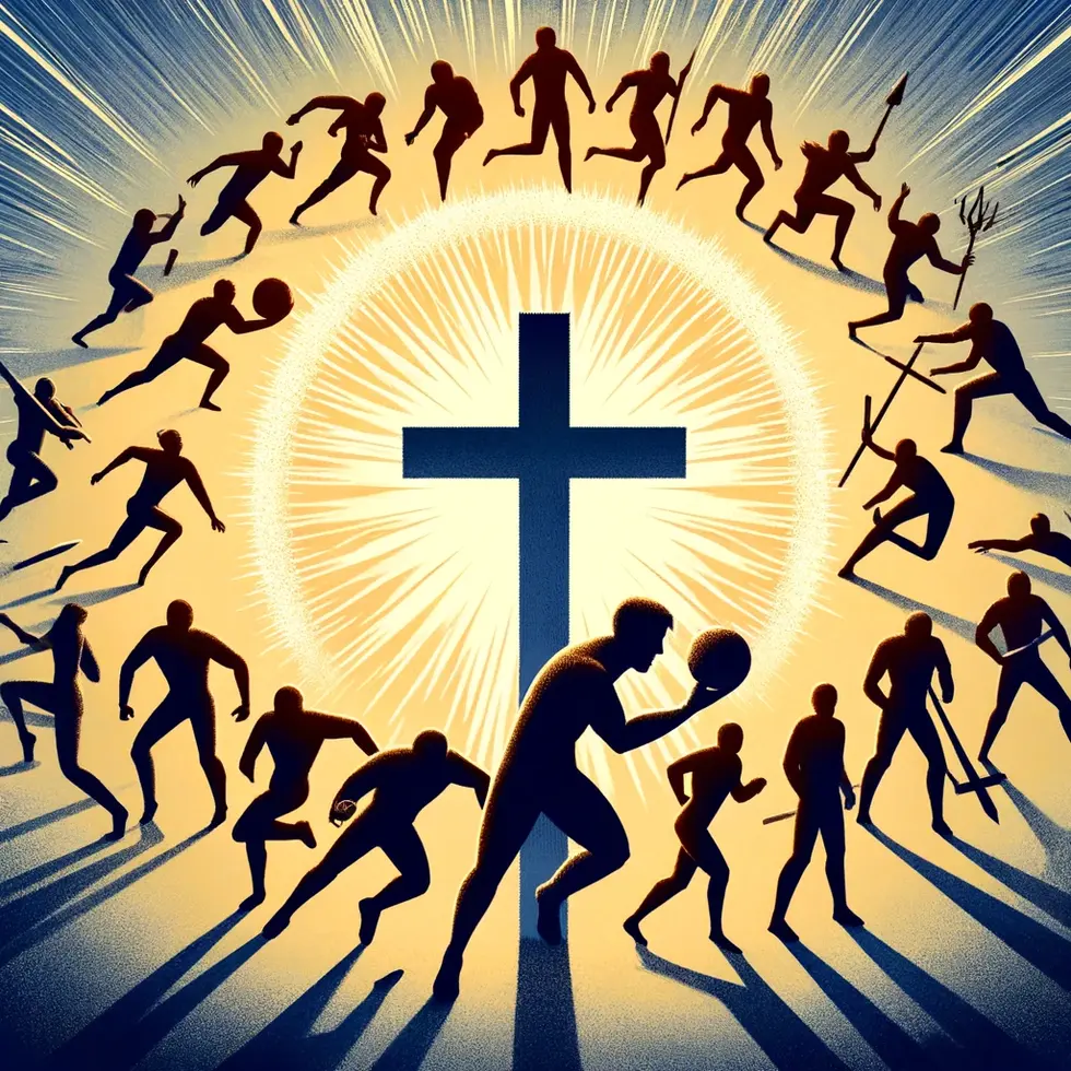 DALL·E 2024-09-27 22.29.53 - A symbolic representation of Christians in the sports field_ 100 athletes in individual circles of light, each with a cross behind them. Outside the c