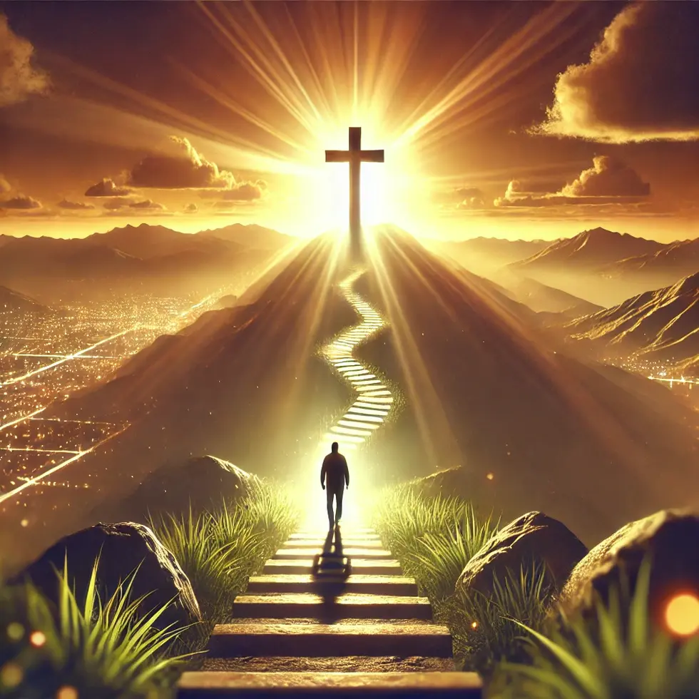 DALL·E 2024-09-27 18.12.10 - A person walking up a path of light toward the cross, symbolizing the journey of faith and being justified through Jesus' sacrifice and resurrection