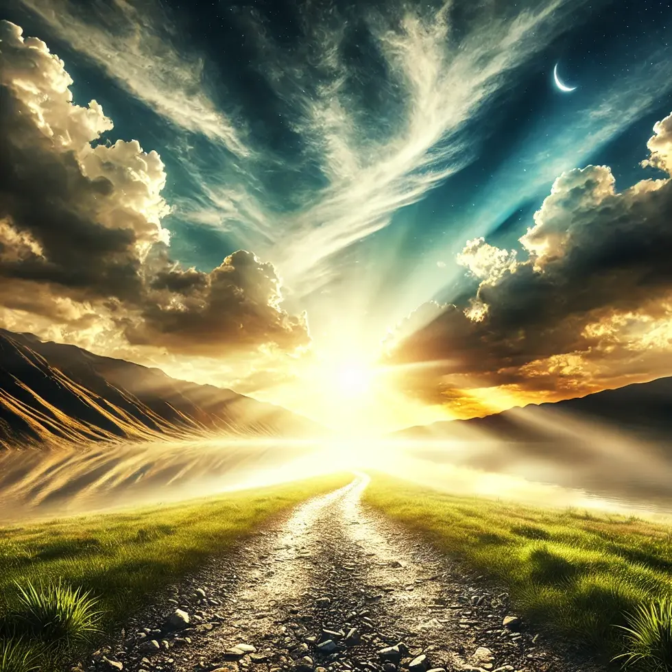 DALL·E 2024-09-27 16.59.44 - A path leading to a bright horizon, representing God's guidance and the journey of faith