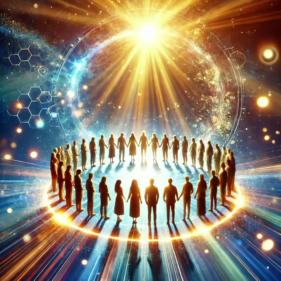 DALL·E 2024-09-27 18.13.34 - A group of people standing in a circle of light, symbolizing unity in Christ and living out His character together, with vibrant and divine atmosphere