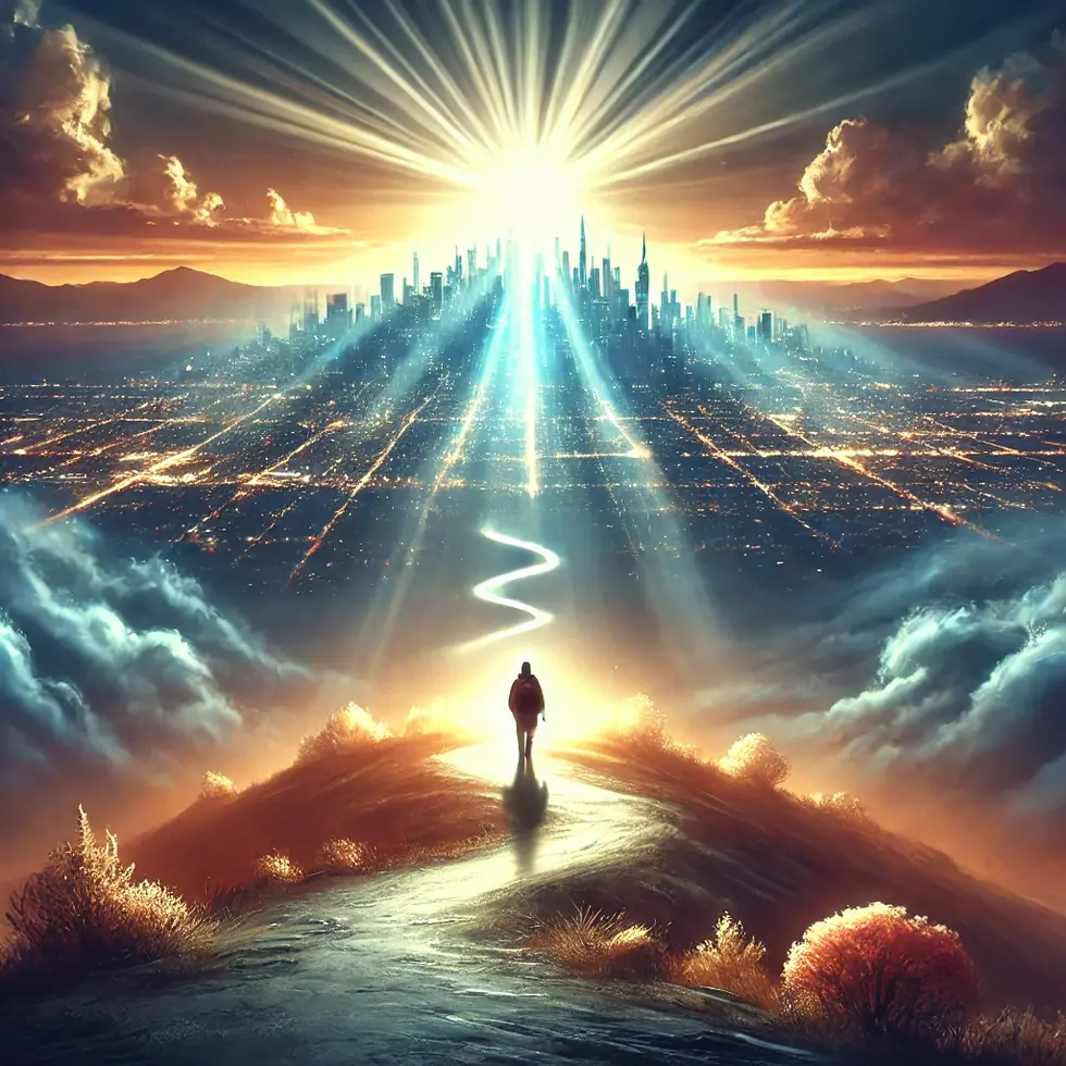 DALL·E 2024-09-27 17.00.53 - A person walking toward a radiant city on a hill, representing a destined end and divine purpose