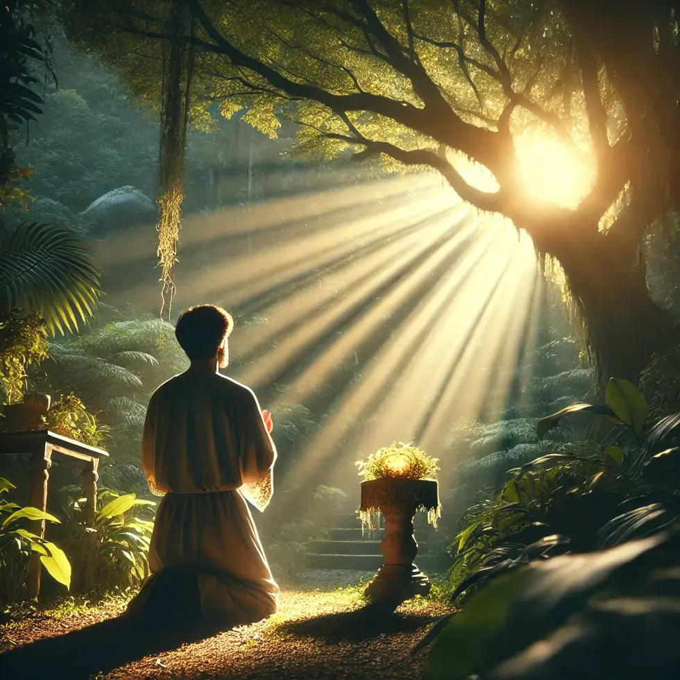 DALL·E 2024-09-27 18.13.06 - A person praying in a garden with light shining down, symbolizing a deep connection with God and embodying Christ-like character in prayer and reflect
