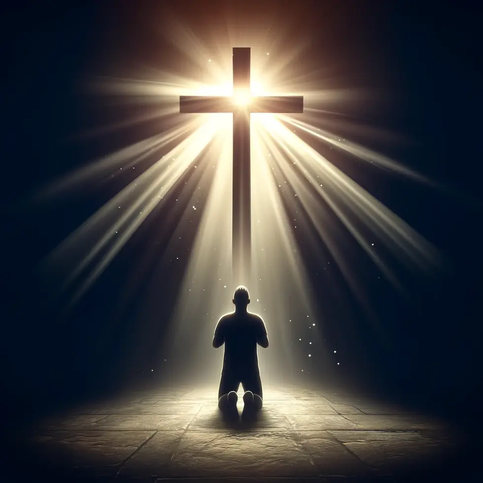 DALL·E 2024-09-27 18.11.36 - A person kneeling at the foot of the cross, with light shining down from the cross, symbolizing justification through Jesus’ sacrifice and faith