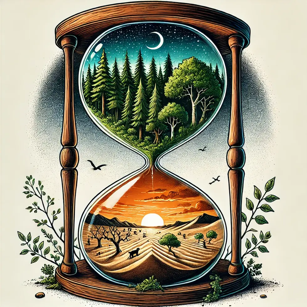 DALL·E 2024-09-27 22.12.09 - A surreal realism illustration featuring a forest growing inside a giant hourglass, with trees and wildlife thriving on the sand. The top half of the