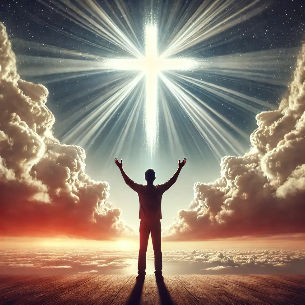 DALL·E 2024-09-27 18.11.49 - A person with their hands raised toward a radiant cross in the sky, symbolizing acceptance of Jesus' sacrifice and justification through faith