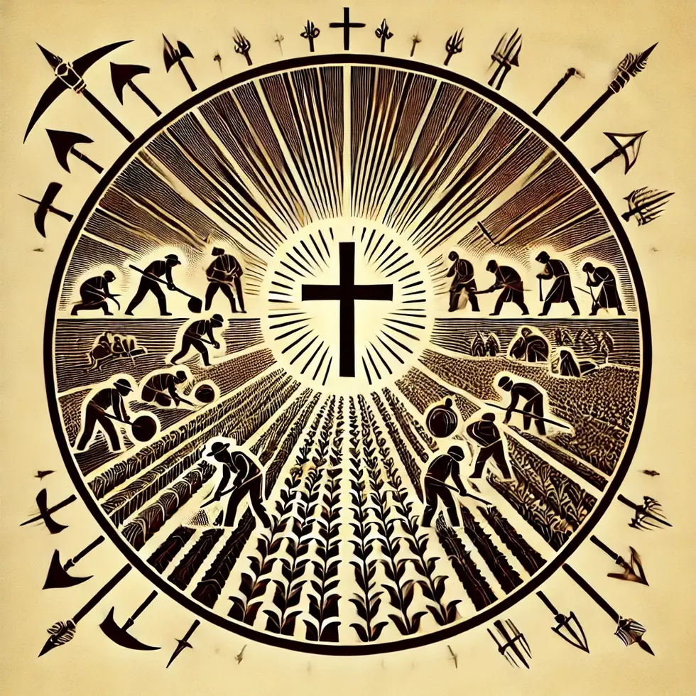 DALL·E 2024-09-27 22.30.30 - A symbolic representation of Christians in the agricultural field_ 100 farmers in individual circles of light, each with a cross behind them, working