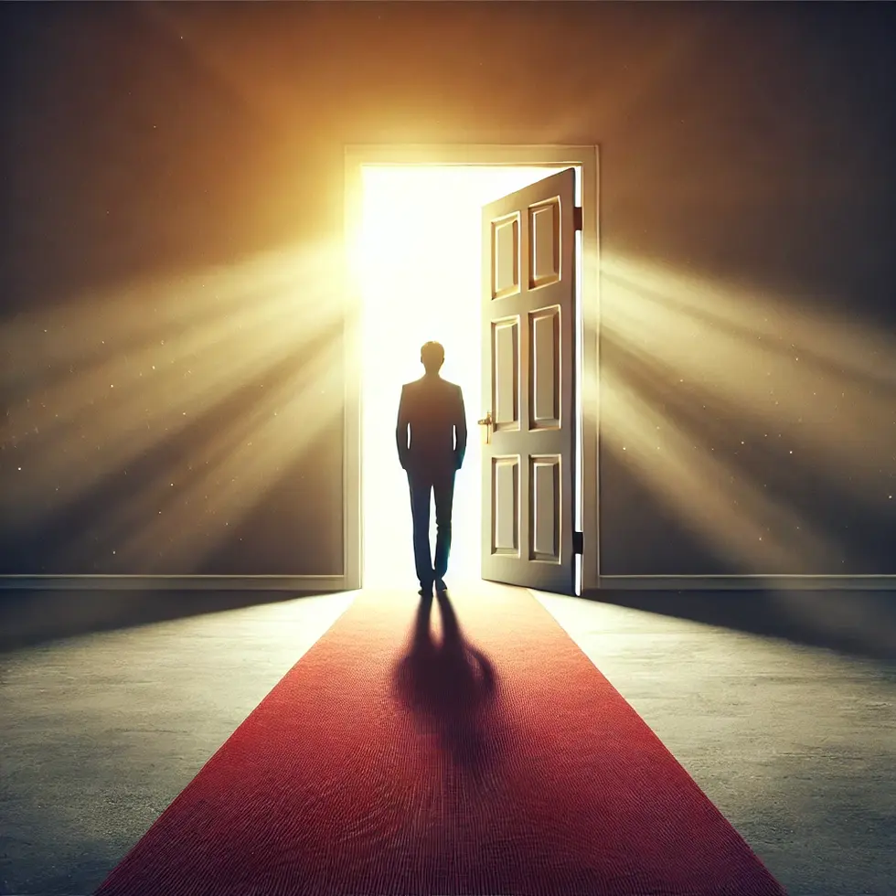 DALL·E 2024-09-27 18.12.17 - A person standing before an open door with light shining through, representing an invitation from God to follow His calling
