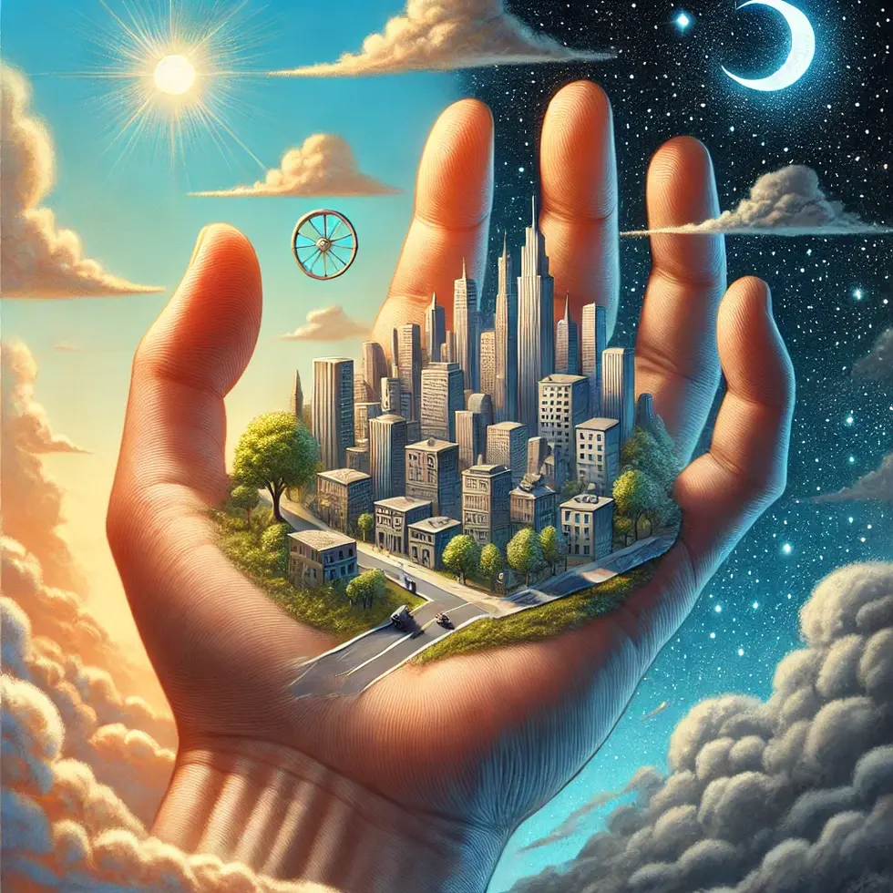 DALL·E 2024-09-27 22.12.18 - A surreal realism illustration showing a giant hand holding a small, floating city in its palm. The sky around the hand transitions from a bright day