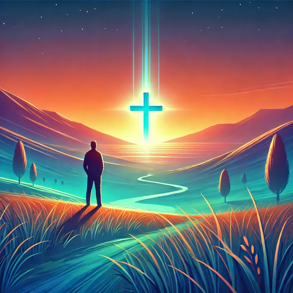 DALL·E 2024-09-27 18.12.48 - A person standing in a serene landscape with a glowing cross in the distance, symbolizing a calling to follow Jesus, with peaceful and vibrant colors