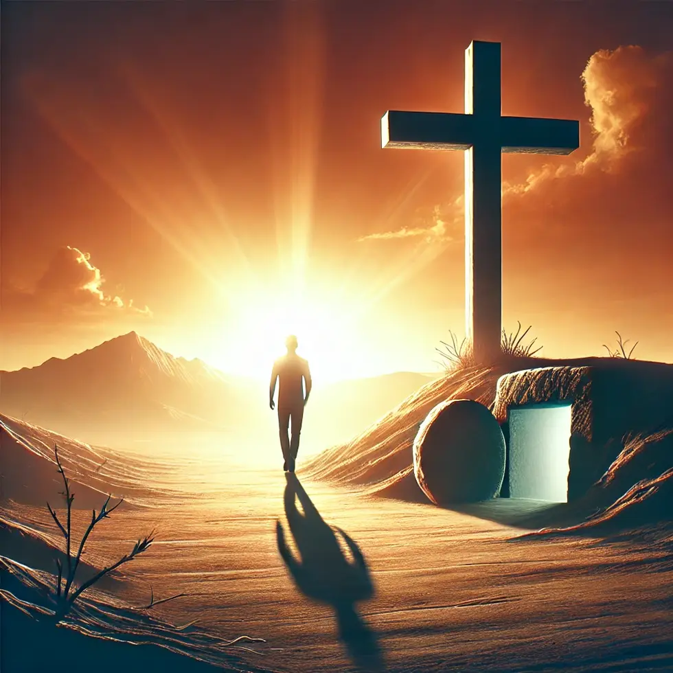 DALL·E 2024-09-27 18.12.02 - A person walking toward an empty cross and tomb, symbolizing justification through Jesus' resurrection and victory over death