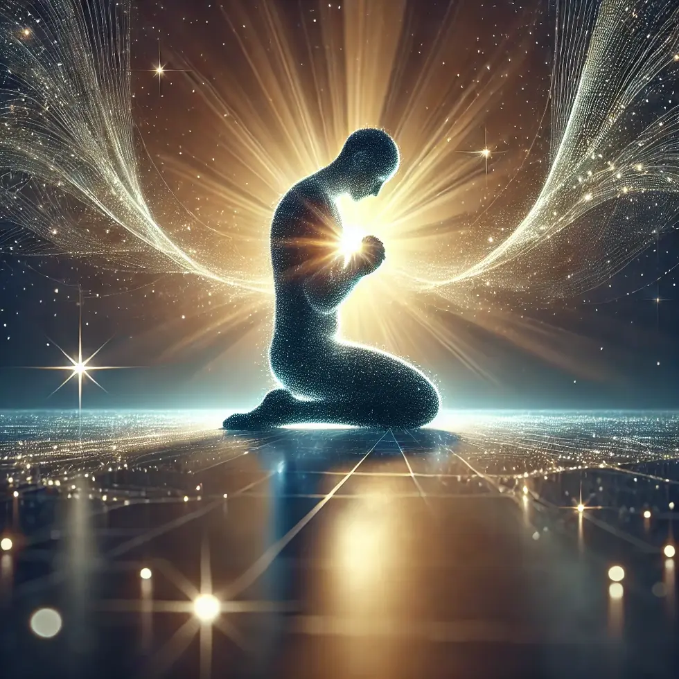 DALL·E 2024-09-27 18.13.48 - A person in a humble pose, shining with divine light, representing humility, service, and living out the character of Jesus