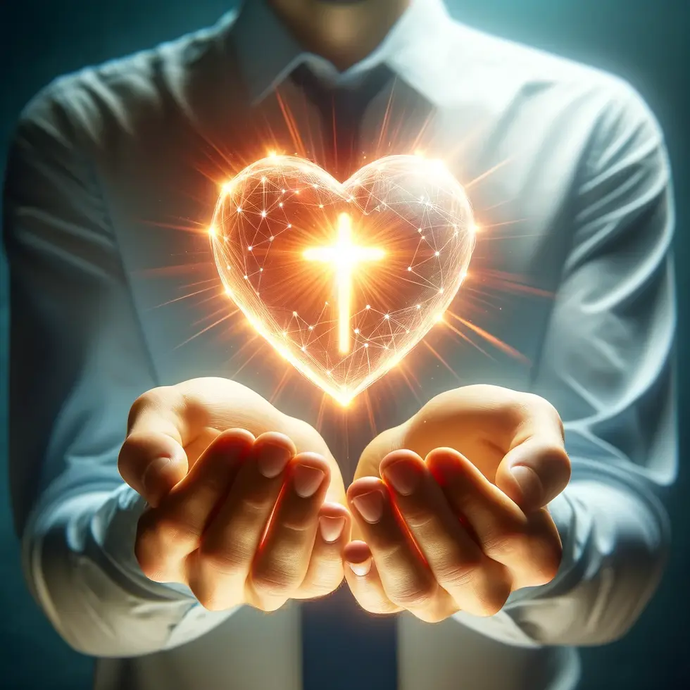 DALL·E 2024-09-27 18.13.52 - A person holding a glowing heart, symbolizing living with the love of Jesus and reflecting His character