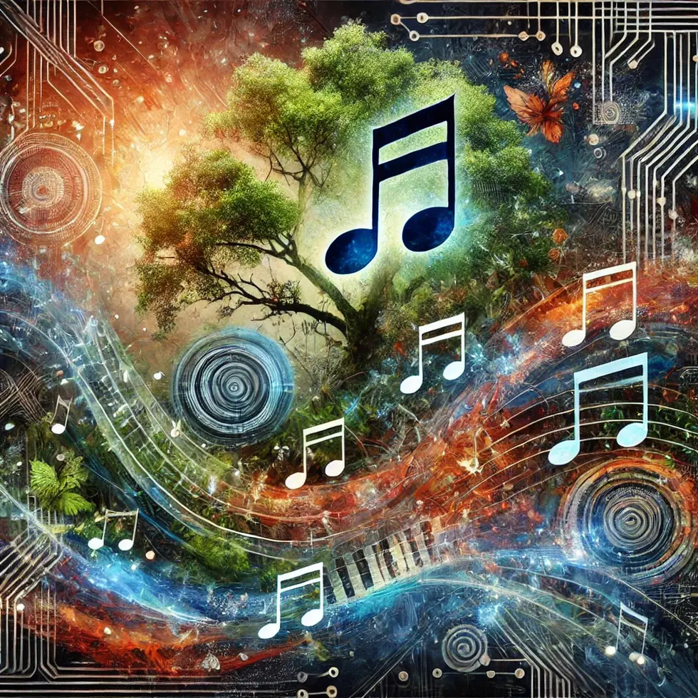 DALL·E 2024-09-27 22.12.28 - An abstract digital collage combining elements of nature, music, and technology. The collage includes images of tree branches, musical notes, and digi